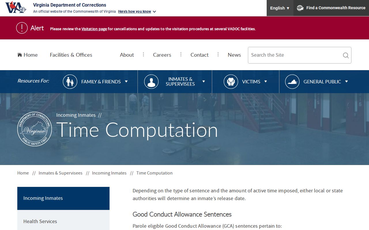 Virginia Department of Corrections page describing Good Conduct Allowance and Earned Sentence Credit computation