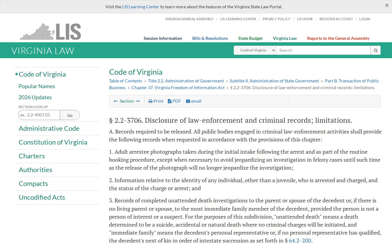 Virginia Code section 2.2-3706 page governing adult routine booking photograph requests