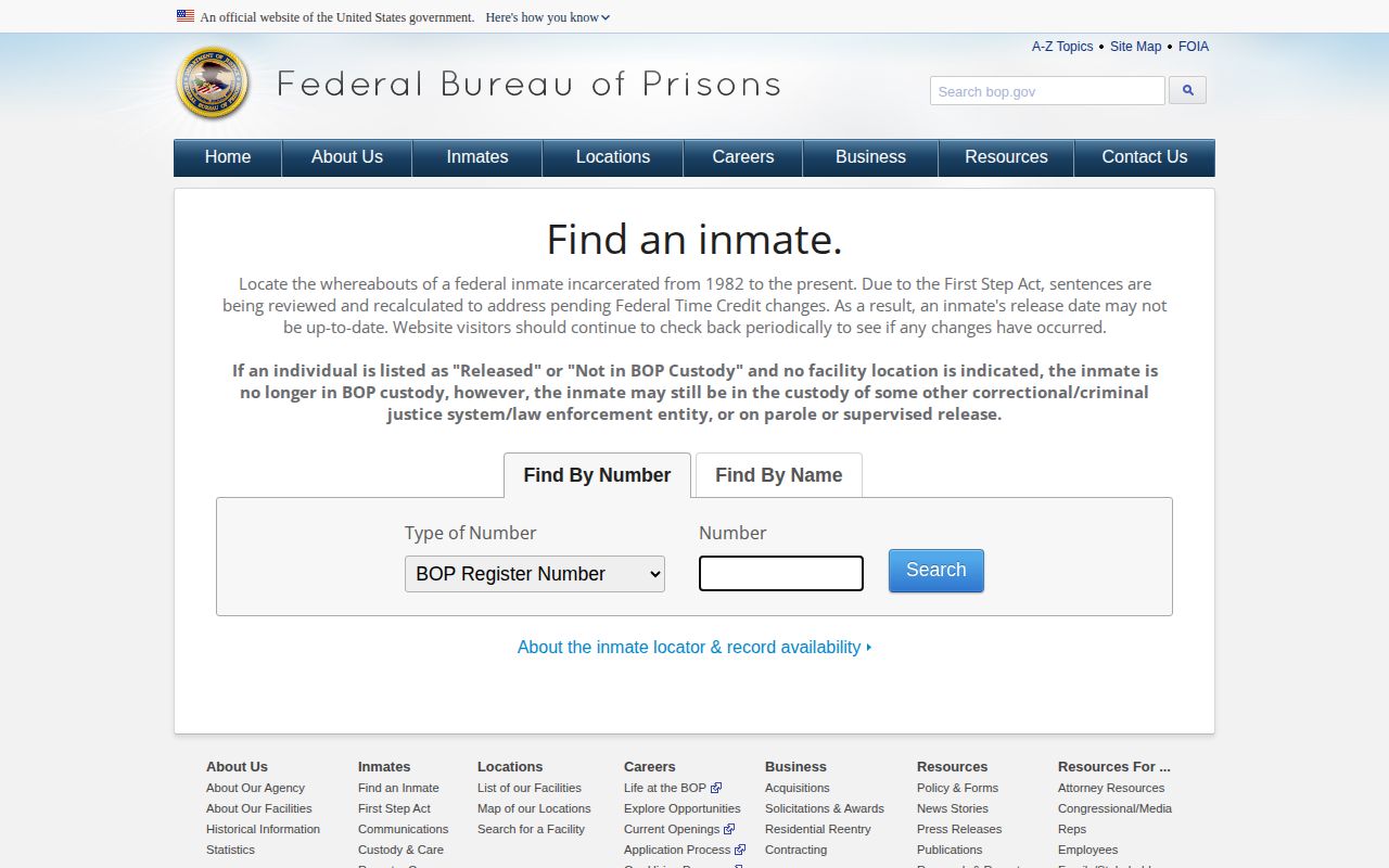 Charlotte County federal custody release search on the BOP locator