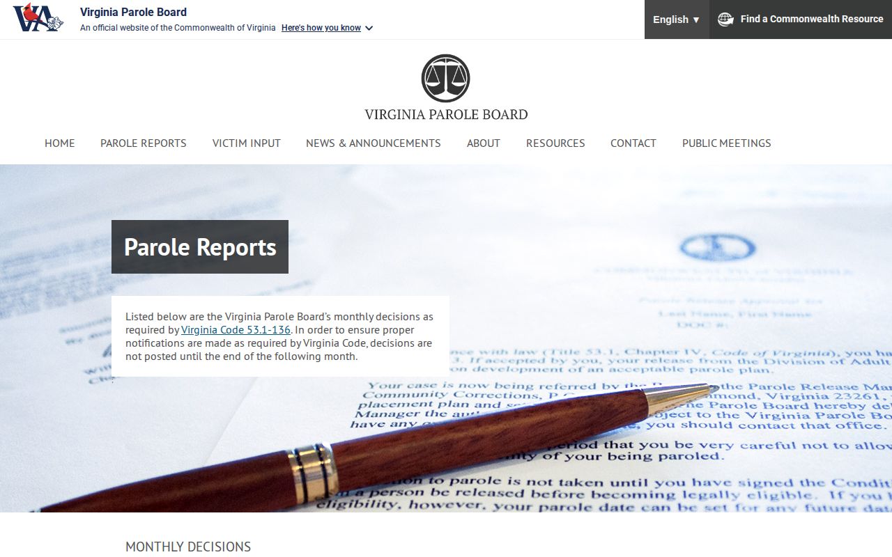 Virginia Parole Board reports archive for monthly parole decisions